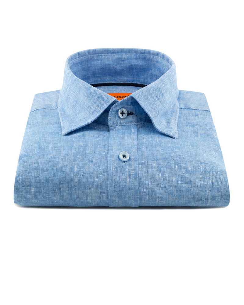 XOOS Chemise homme en lin bleu et galon de col marine