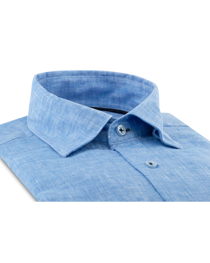 XOOS Chemise homme en lin bleu et galon de col marine