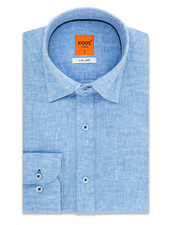 XOOS Men’s blue linen shirt with navy collar Trim
