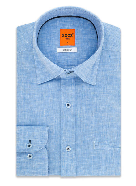 XOOS Men’s blue linen shirt with navy collar Trim