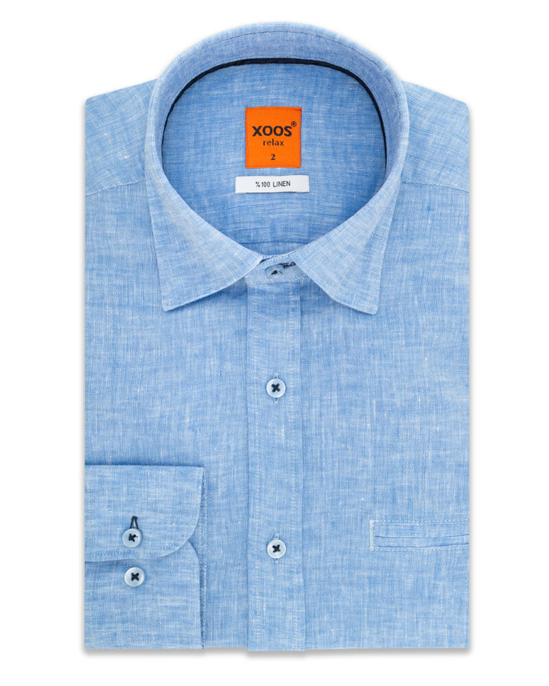 XOOS Men’s blue linen shirt with navy collar Trim