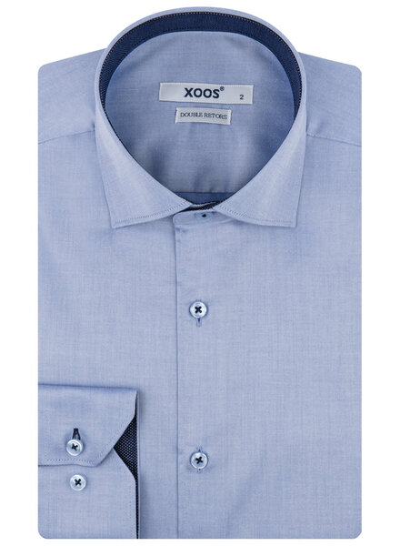 XOOS Chemise homme en gabardine bleu ciel et doublure à micro pois marine (Double Retors)
