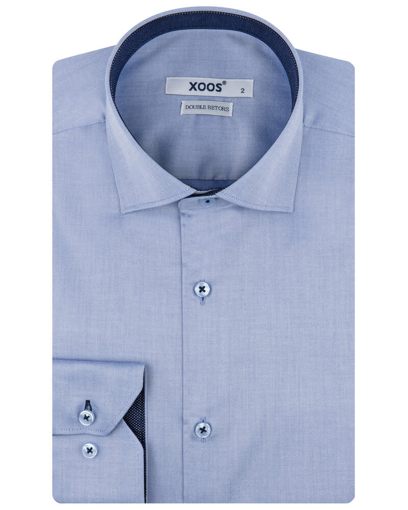 XOOS Men’s sky blue gabardeen shirt with navy micro polka dot lining (Double Twisted)