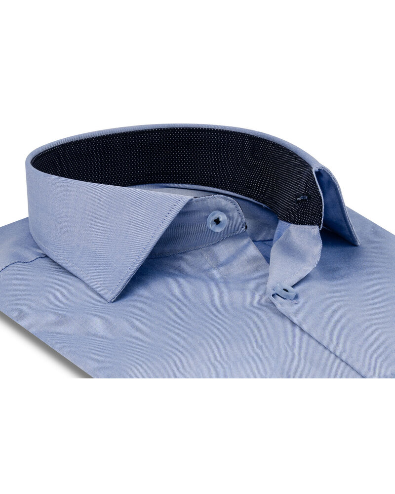 XOOS Men’s sky blue gabardeen shirt with navy micro polka dot lining (Double Twisted)