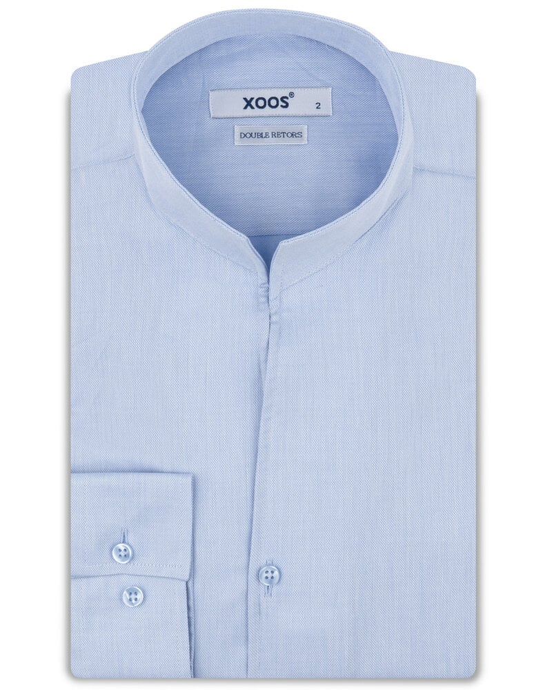 XOOS Men’s lightblue woven cotton shirt with open straight collar (Double Twisted)