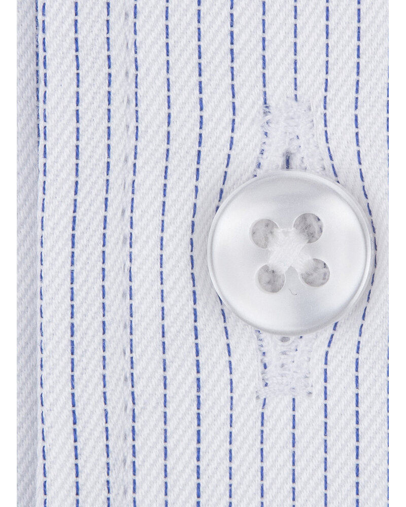 XOOS Men’s white shirt with fine navy stripes and an open straight collar