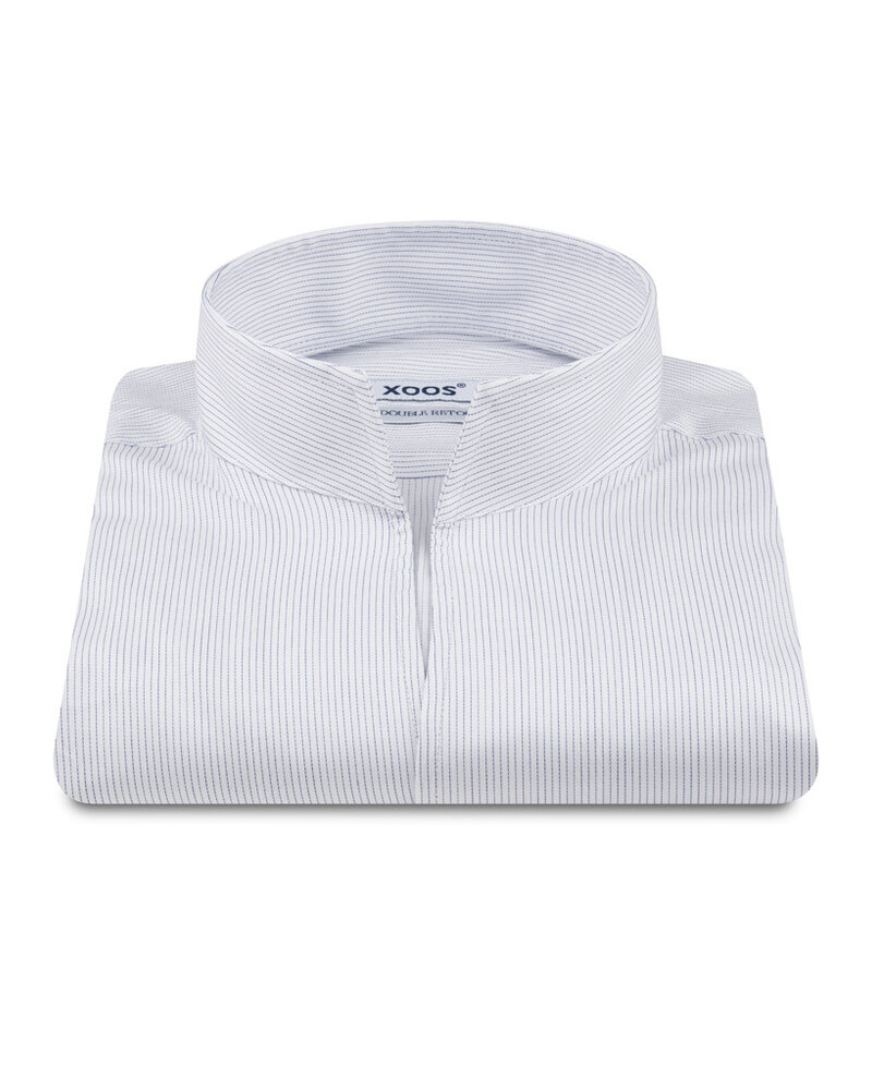 XOOS Men’s white shirt with fine navy stripes and an open straight collar