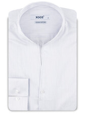 XOOS Men’s white shirt with fine navy stripes and an open straight collar
