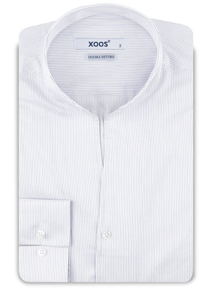 XOOS Men’s white shirt with fine navy stripes and an open straight collar