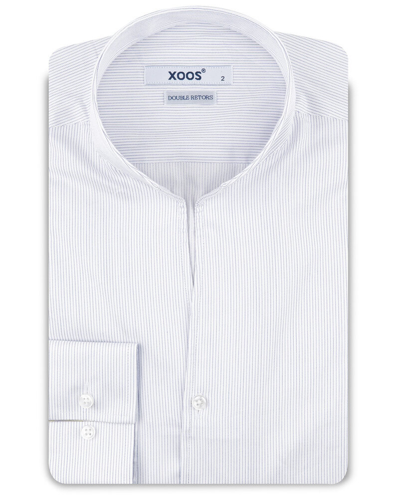 XOOS Men’s white shirt with fine navy stripes and an open straight collar