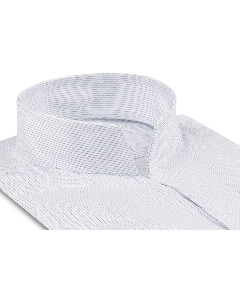 XOOS Men’s white shirt with fine navy stripes and an open straight collar