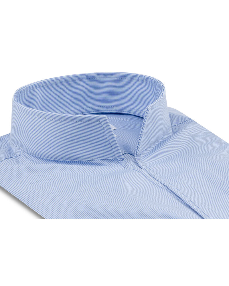 XOOS Men’s blue shirt with fine blue stripes and an open straight collar