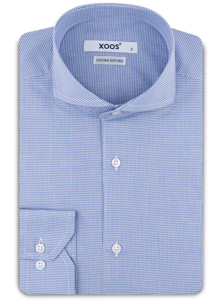 XOOS Men’s sky blue vichy checkered shirt with a Full Spread collar
