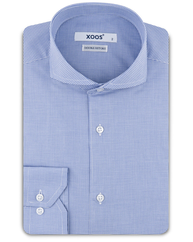XOOS Men’s sky blue vichy checkered shirt with a Full Spread collar