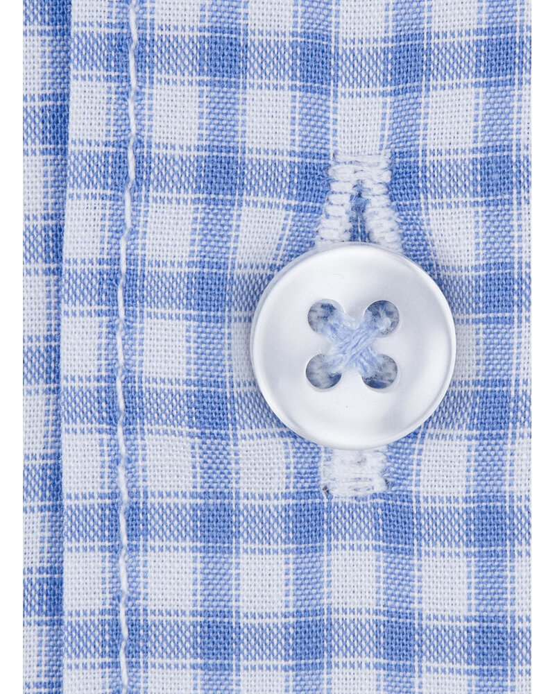 XOOS Men’s white shirt with small sky blue checks and chambray lining (Double Twisted)