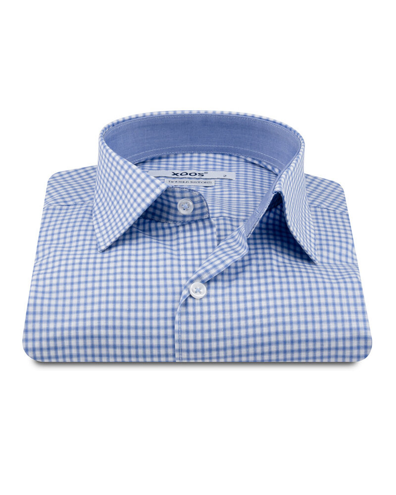 XOOS Men’s white shirt with small sky blue checks and chambray lining (Double Twisted)