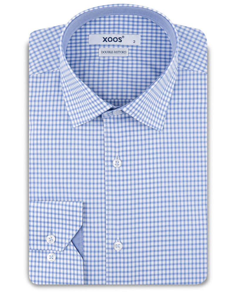 XOOS Men’s white shirt with small sky blue checks and chambray lining (Double Twisted)