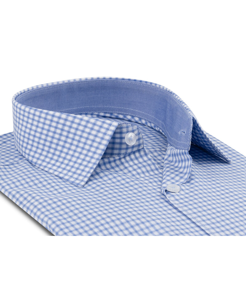 XOOS Men’s white shirt with small sky blue checks and chambray lining (Double Twisted)