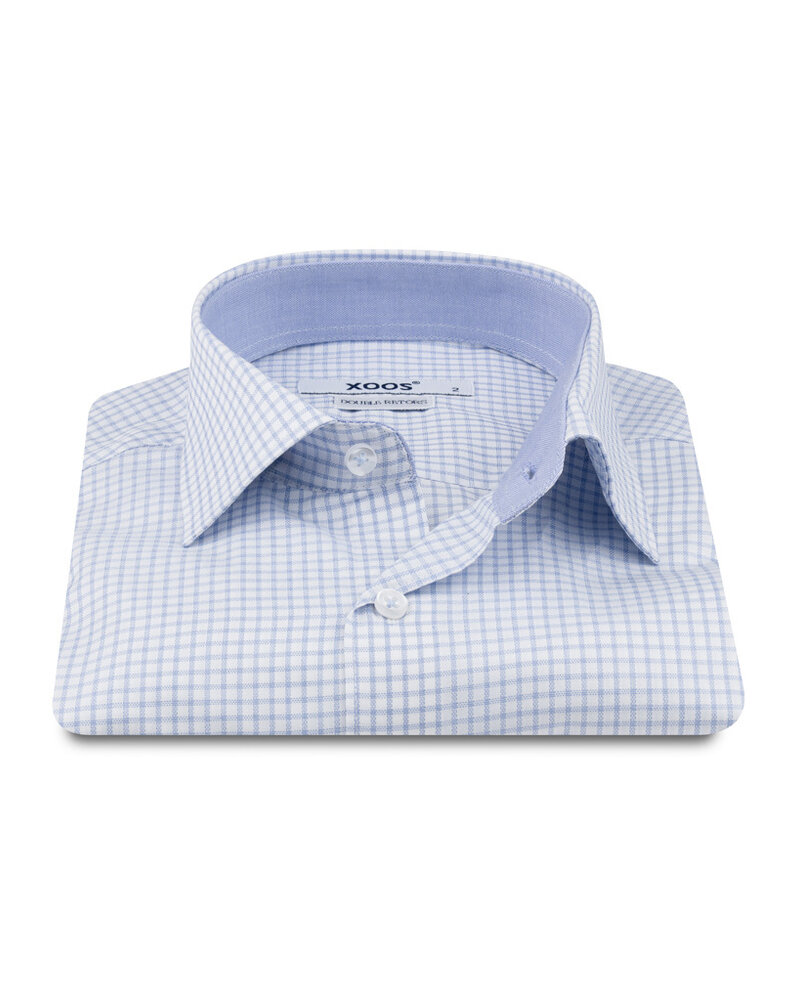 XOOS Men’s white cotton woven shirt with sky blue checks and chambray lining (Double Twisted)