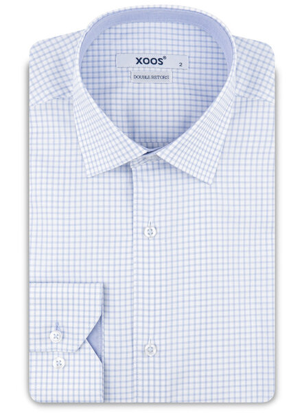 XOOS Chemise homme blanche en coton tissé à carrreaux ciel et doublure chambray (Double Retors)