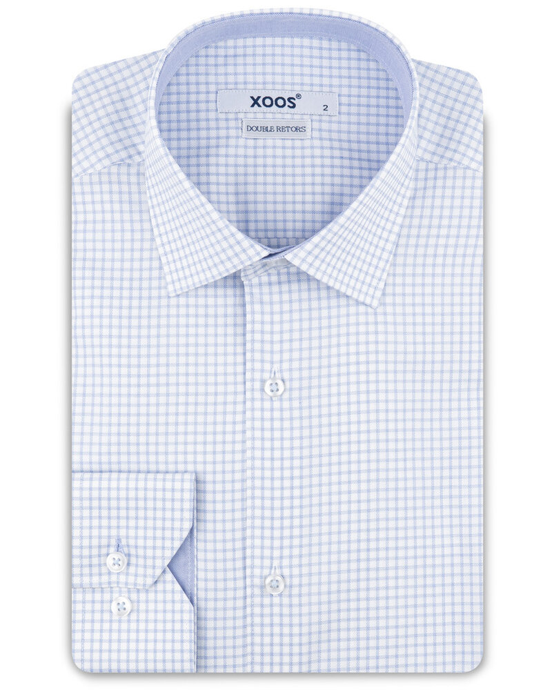 XOOS Men’s white cotton woven shirt with sky blue checks and chambray lining (Double Twisted)