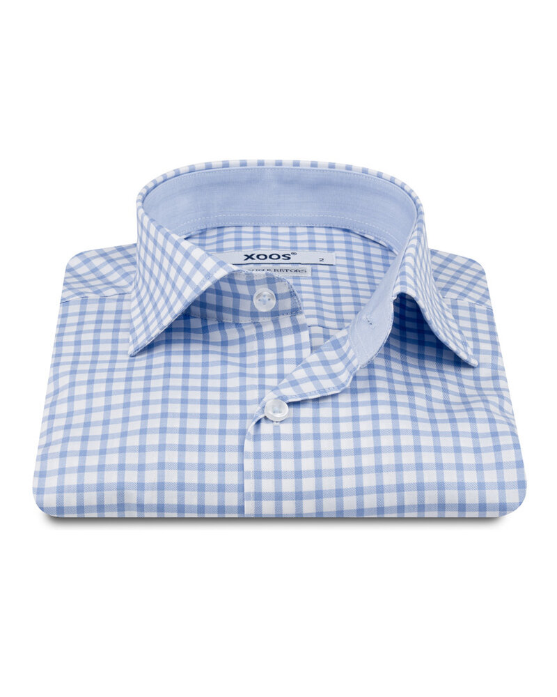 XOOS Men’s white shirt with sky blue checks and chambray lining (Double Twisted)