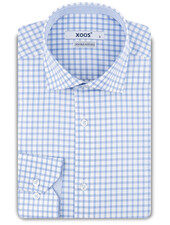 XOOS Men’s white shirt with sky blue checks and chambray lining (Double Twisted)