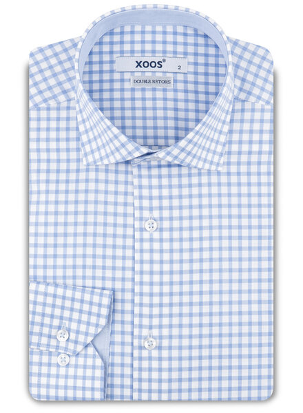 XOOS Men’s white shirt with sky blue checks and chambray lining (Double Twisted)
