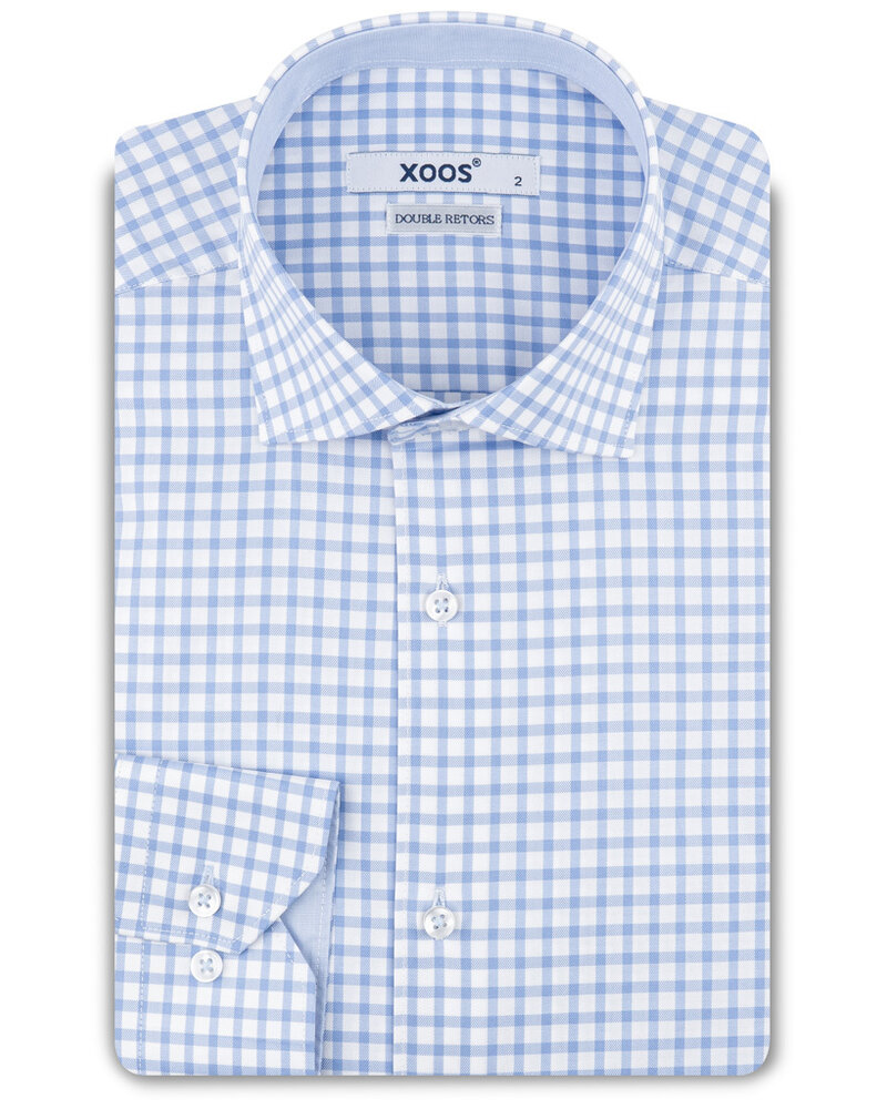 XOOS Chemise homme blanche en coton tissé à carreaux ciel et doublure chambray (Double Retors)