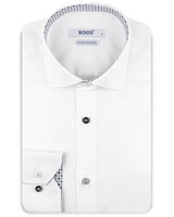 XOOS Men’s white shirt with grey houndstooth lining and matching multicolored buttons (Double Twisted)
