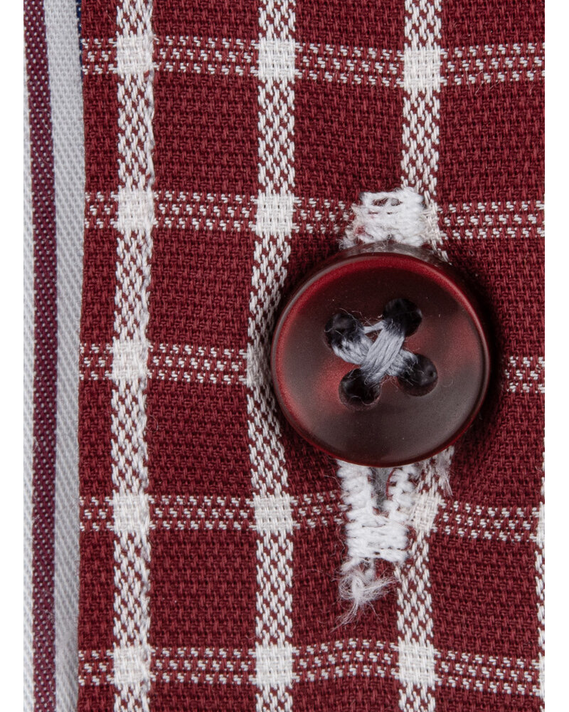 XOOS Men's shirt with a burgundy and sky-blue check-and-stripe patchwork