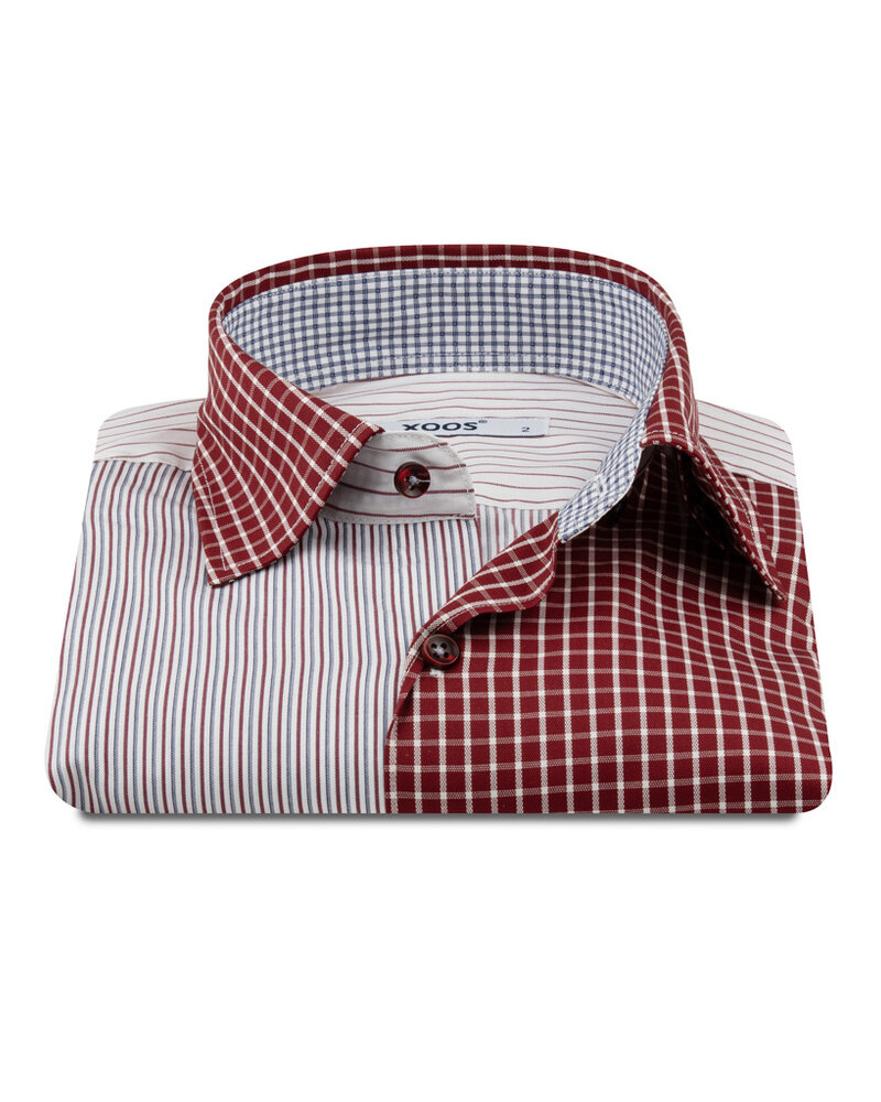 XOOS Men's shirt with a burgundy and sky-blue check-and-stripe patchwork