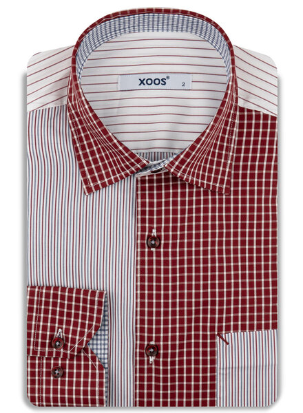 XOOS Men's shirt with a burgundy and sky-blue check-and-stripe patchwork