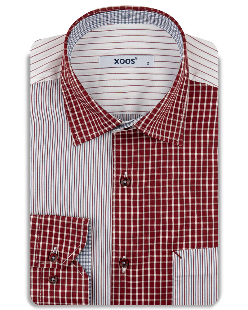 XOOS Men's shirt with a burgundy and sky-blue check-and-stripe patchwork