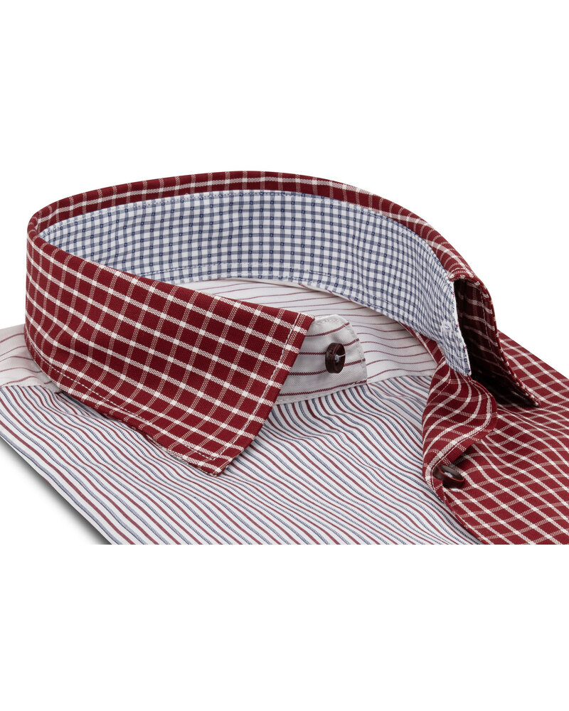 XOOS Chemise homme à patchwork carreaux et rayures rouge vin et ciel