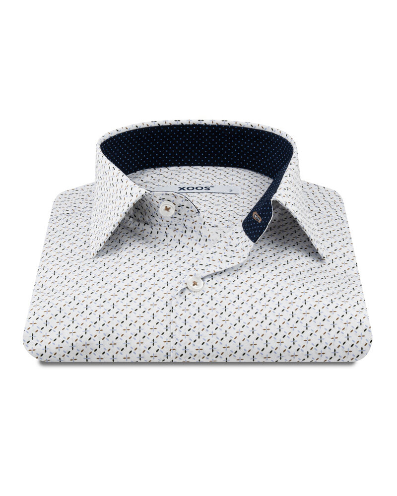 XOOS Men's white shirt with taupe and navy prints and navy micro-dot trim