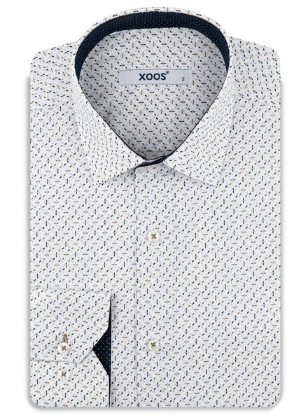 XOOS Men's white shirt with taupe and navy prints and navy micro-dot trim