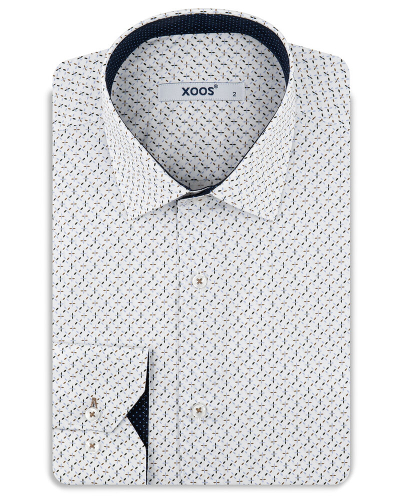 XOOS Men's white shirt with taupe and navy prints and navy micro-dot trim
