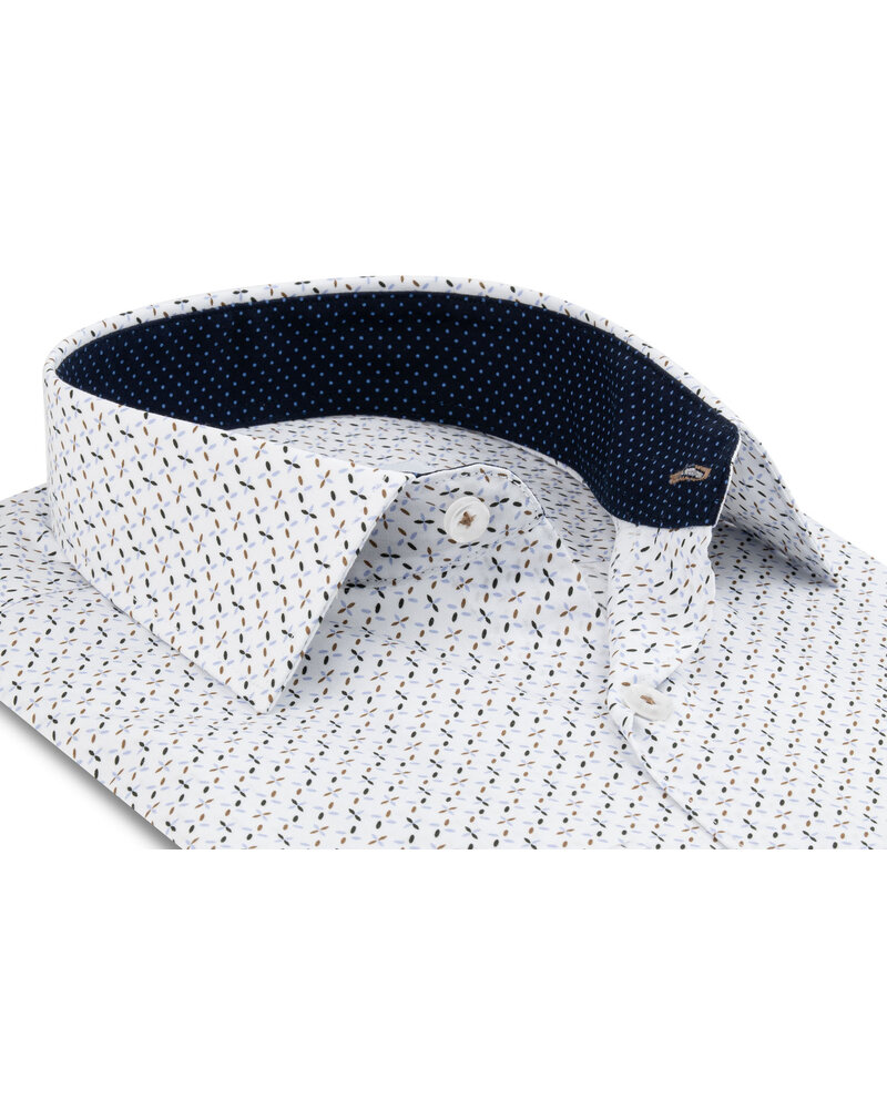 XOOS Men's white shirt with taupe and navy prints and navy micro-dot trim