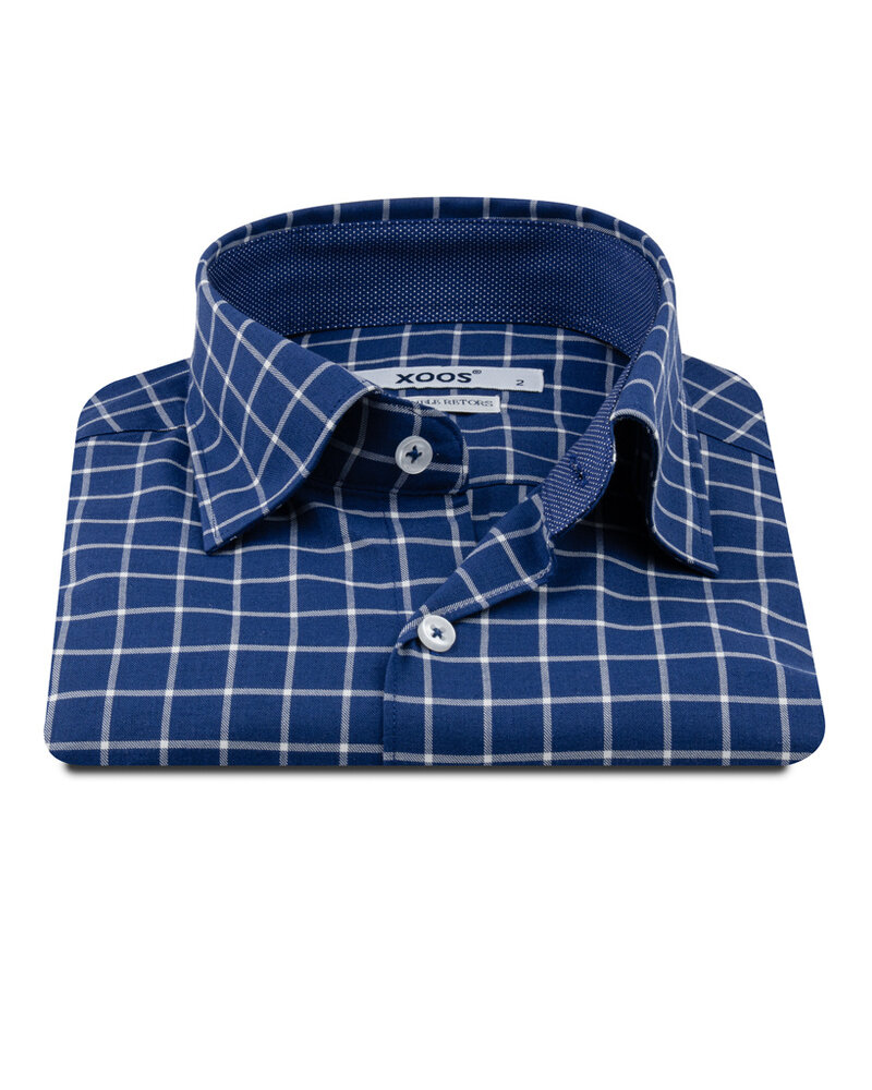 XOOS Chemise homme marine à carreaux et col boutonné doublure à micro pois (Double Retors)