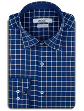 XOOS Chemise homme marine à carreaux et col boutonné doublure à micro pois (Double Retors)