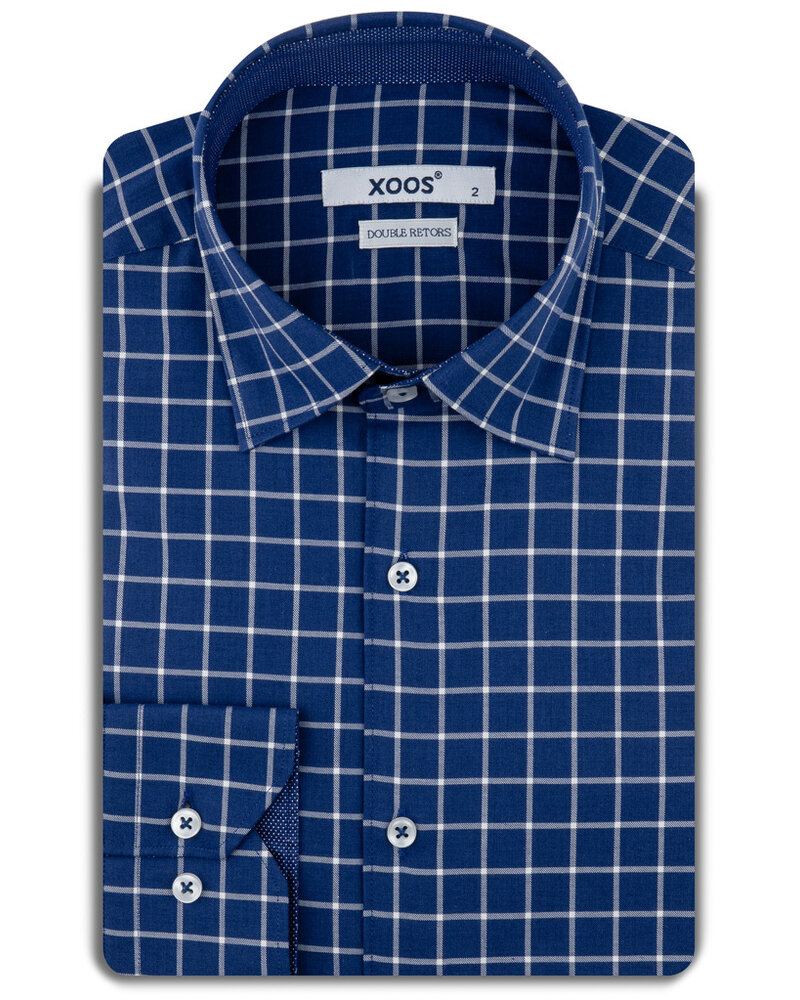 XOOS Chemise homme marine à carreaux et col boutonné doublure à micro pois (Double Retors)