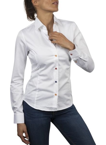 white dress shirt with colored buttons