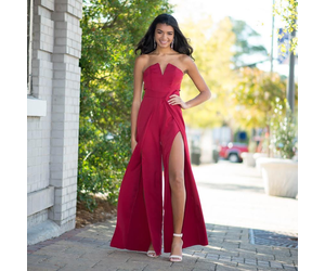 burgundy strapless jumpsuit