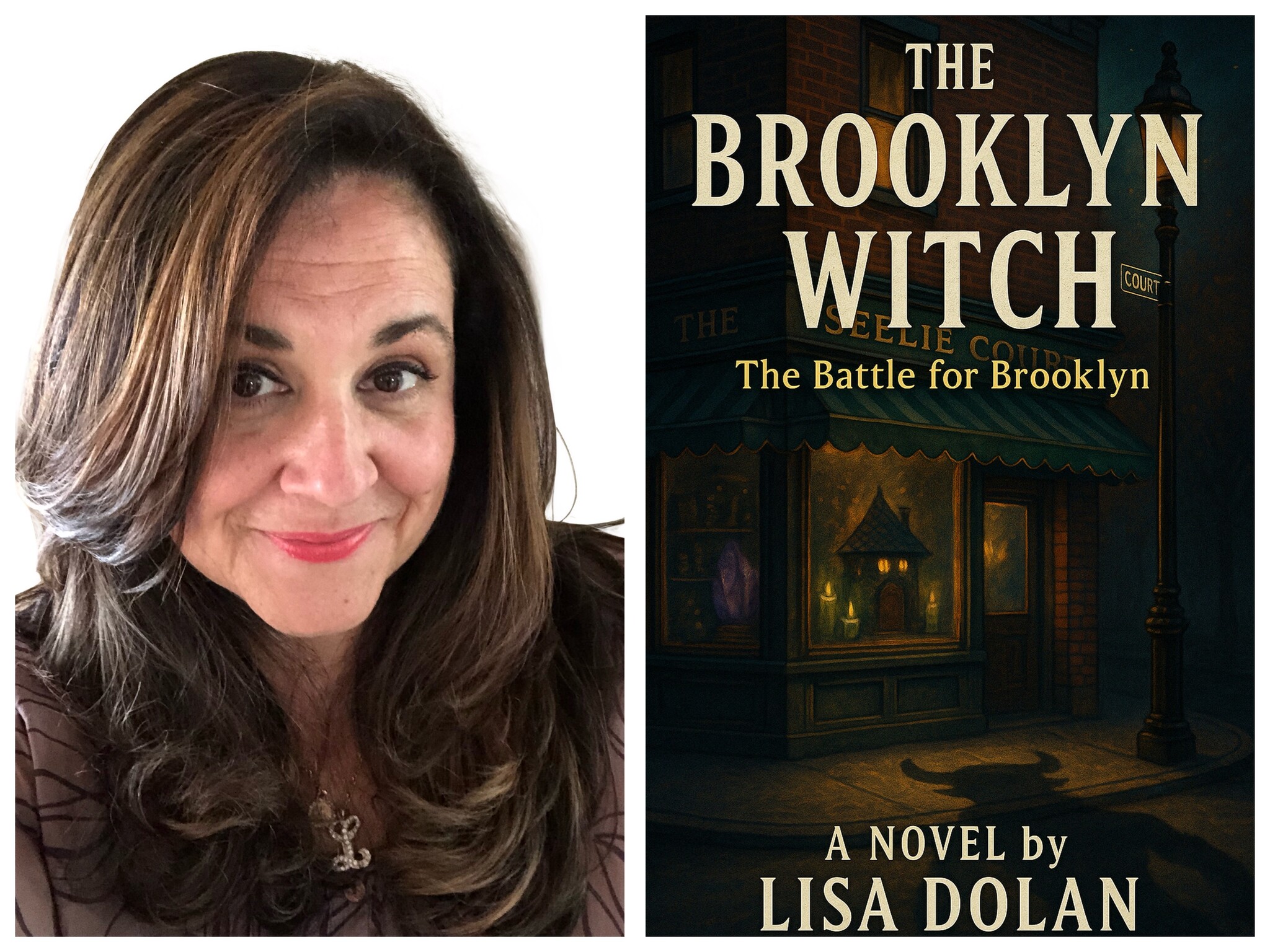 Lisa Dolan with The Brooklyn Witch book cover