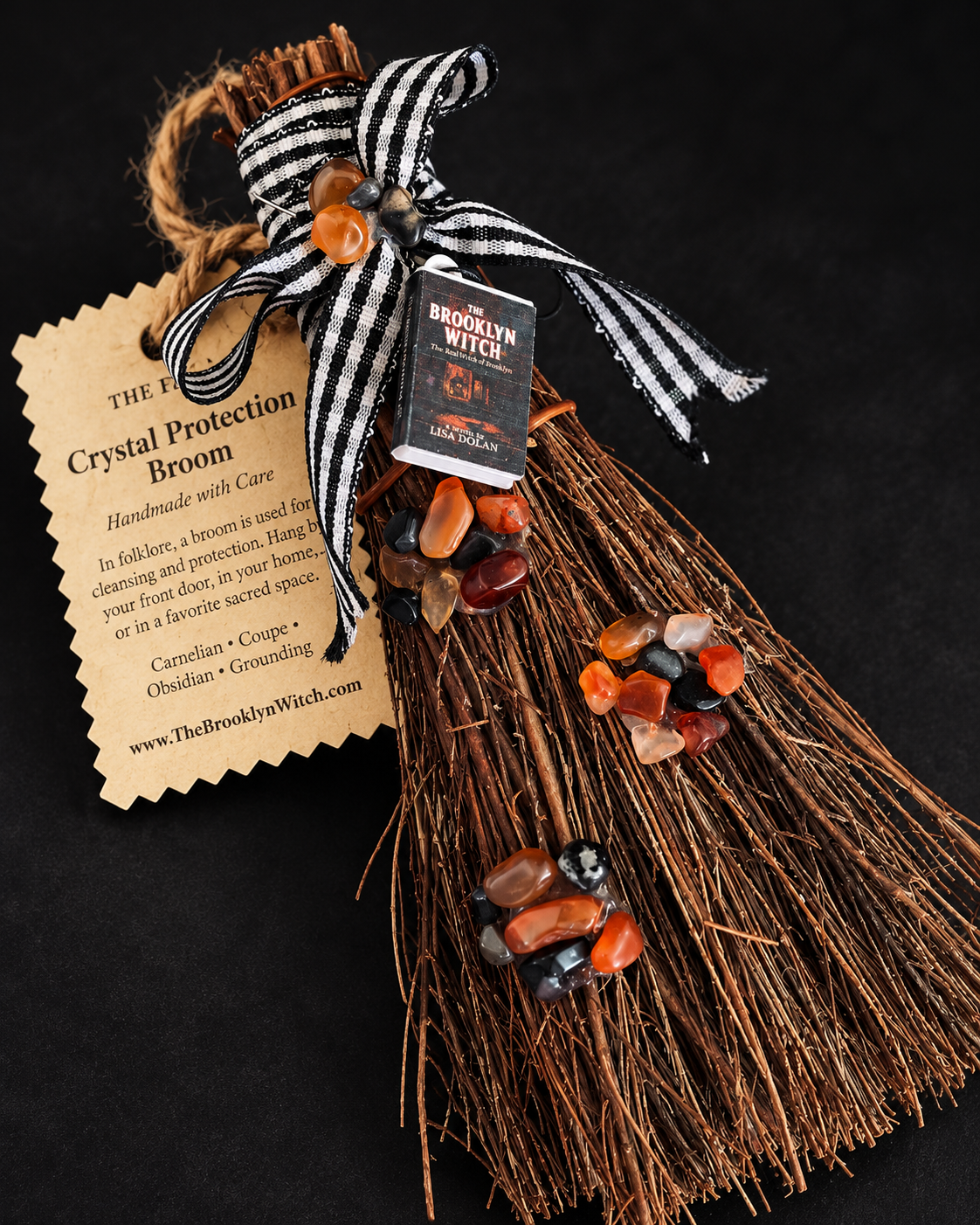 Handmade Crystal Protection Broom with Carnelian & Obsidian