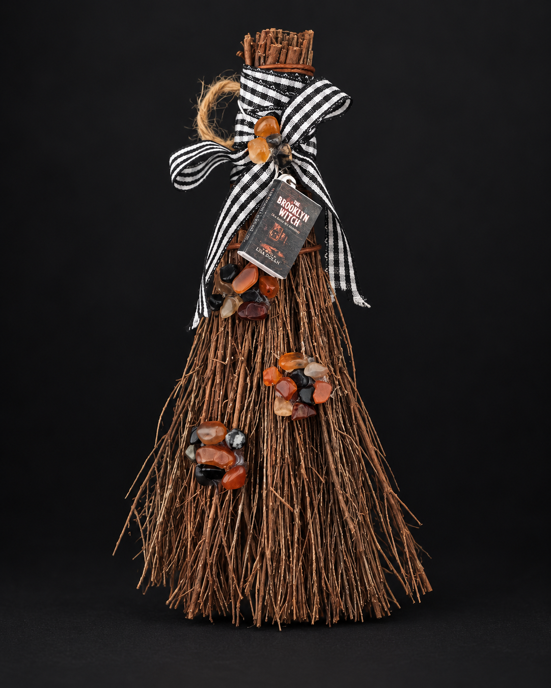 Handmade Crystal Protection Broom with Carnelian & Obsidian