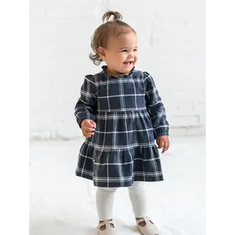 Colored Organics Neela Flannel Ruffle Neckline Dress - Navy Plaid