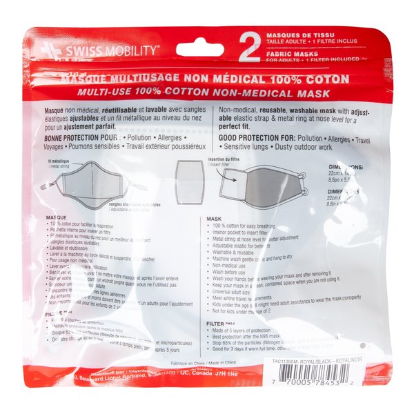 WASHABLE COTTON FACE MASKS 2PK WITH 1FILTER NEW (TAC1139SM ROYAL)