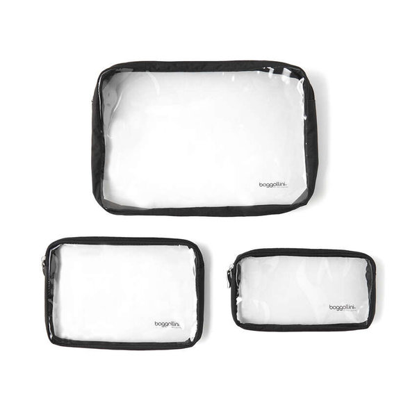 BAGGALLINI CLEAR TRAVEL POUCHES, SET OF 3, BLACK (CTP485)